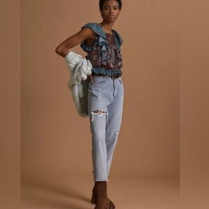 ANTHROPOLOGIE Porridge Gathered Lace Blue Pink Boho Ruffle Multi Pattern Blouse